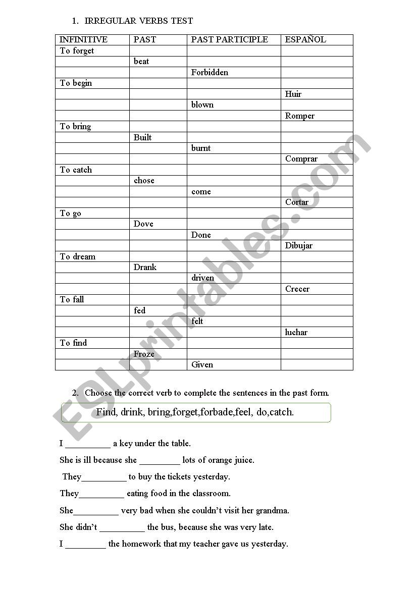 Irregular verbs  exam from 1 to 40