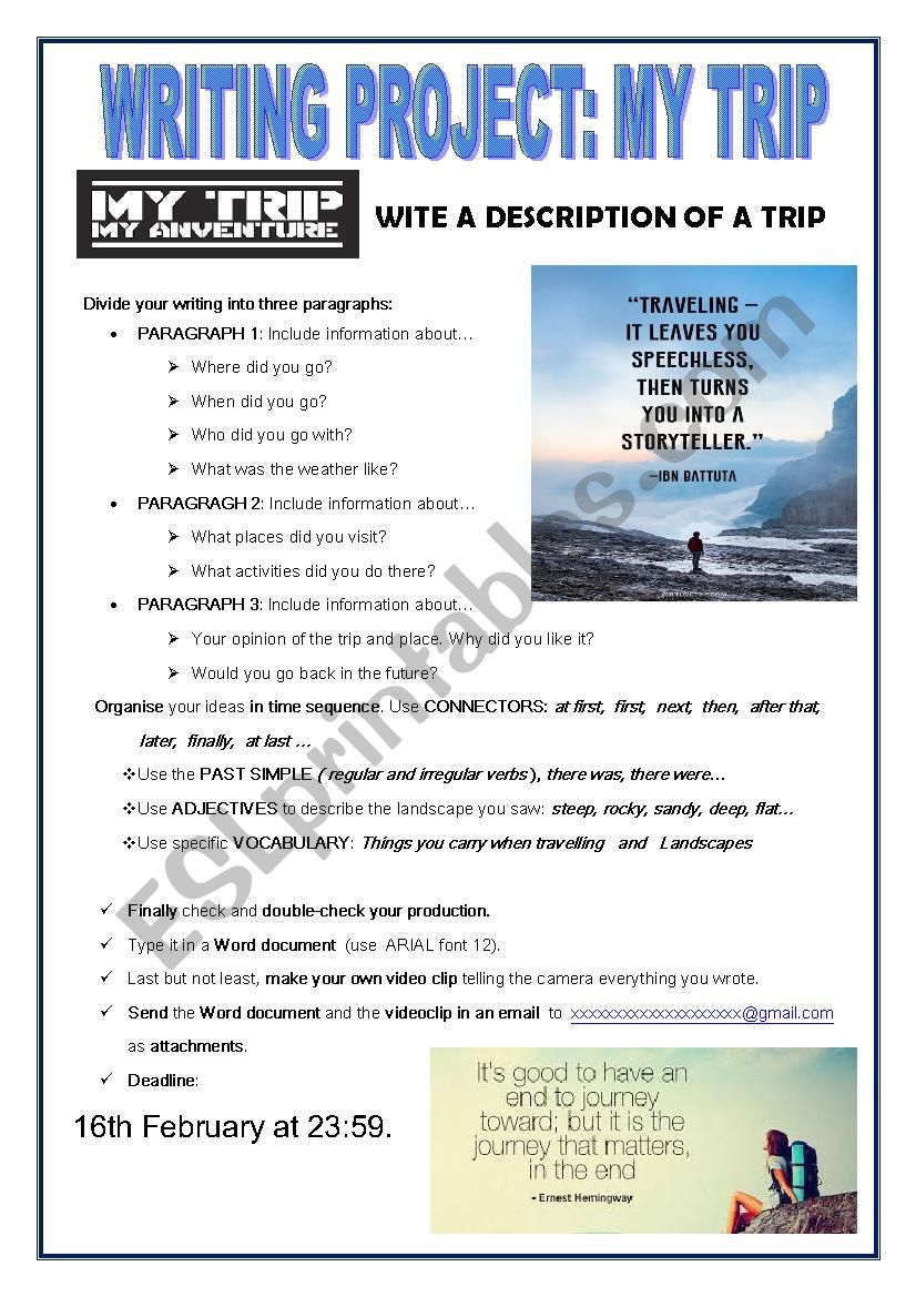 WRITING PROJECT: MY TRIP worksheet