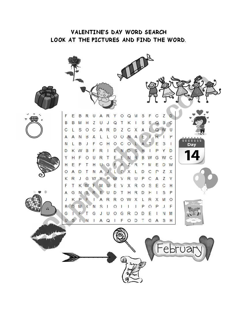 Valentines day word search worksheet