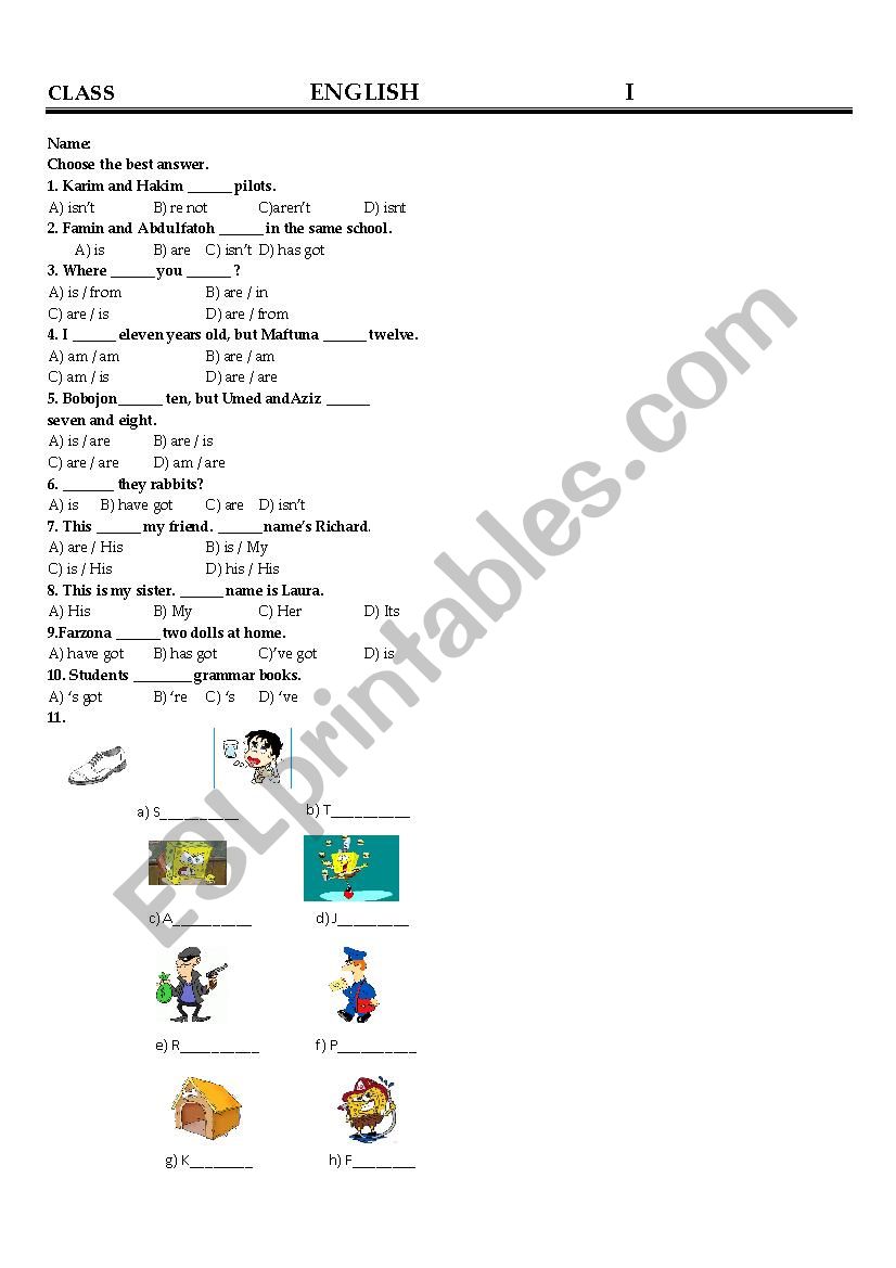 Mixed Topic - Verb Be - Have got/has got- pronouns -vocabulary......