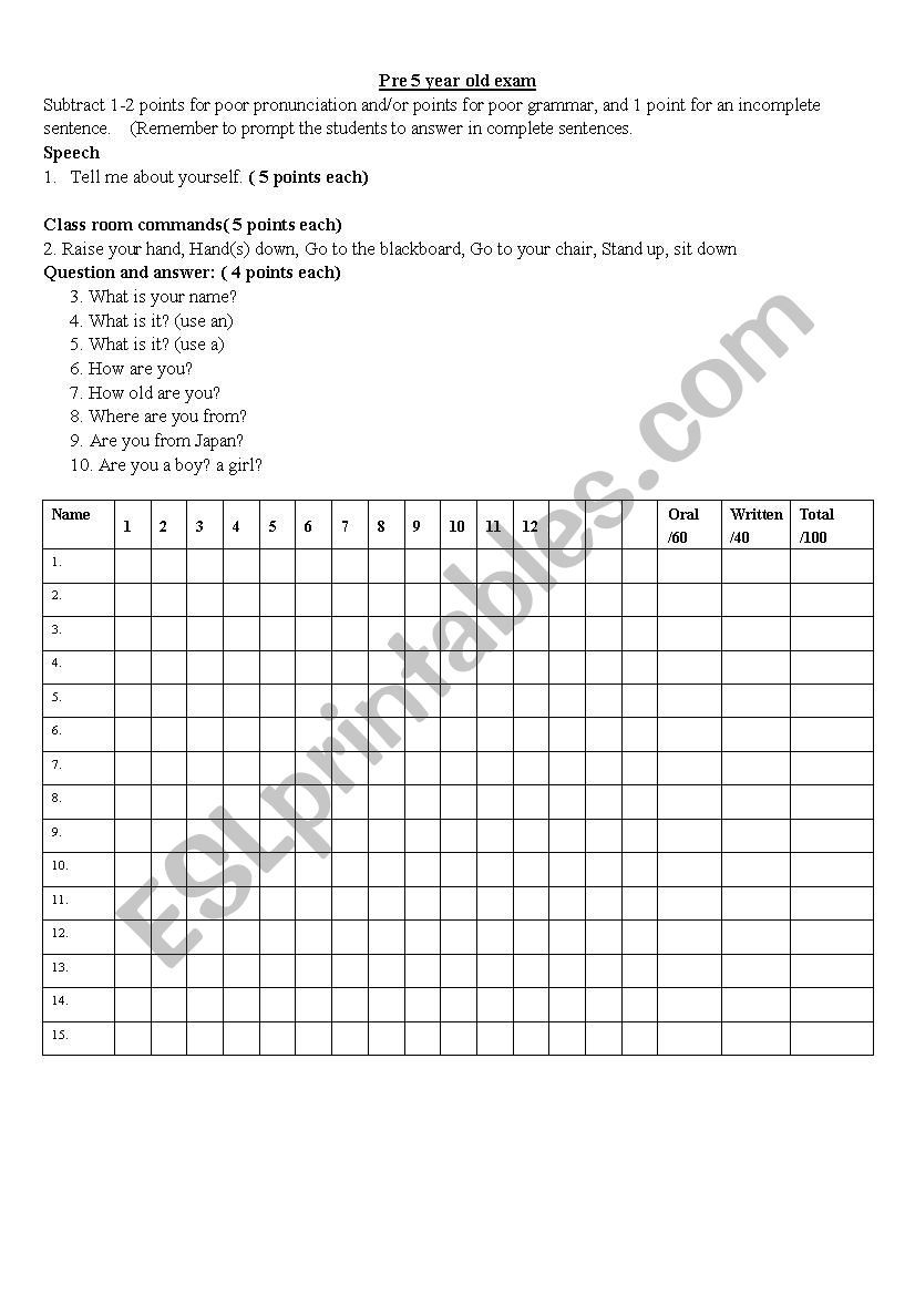 exam for very young students worksheet