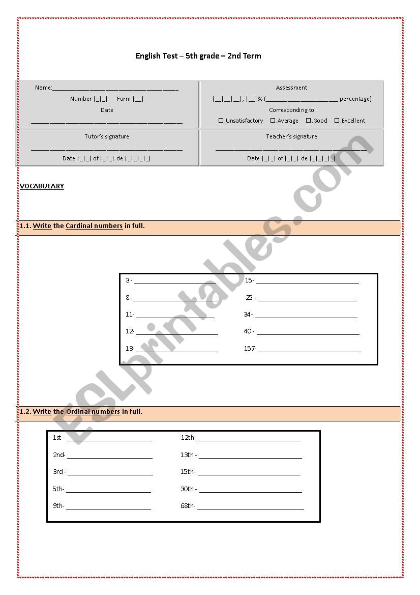 Mini test 5th worksheet