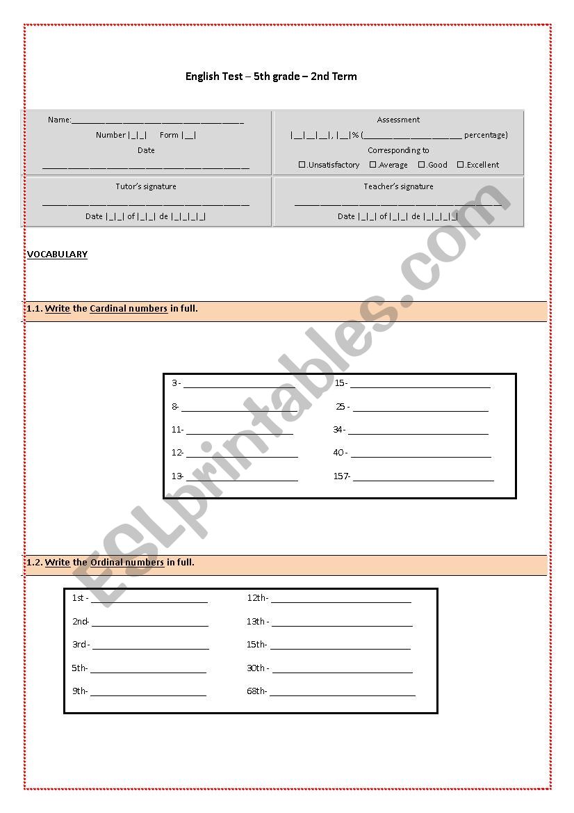 Mini test 5th worksheet