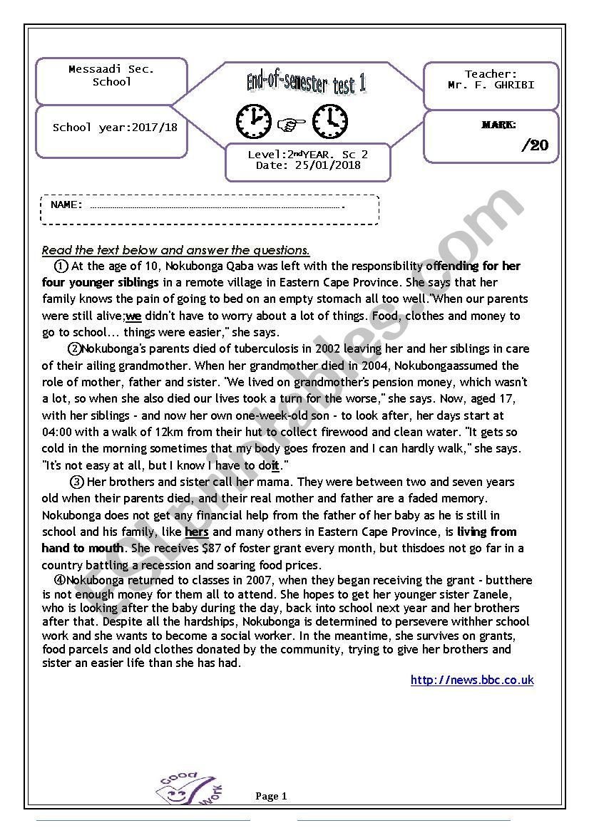 End-of-semester test 1 / 2nd secondary SCIENCE