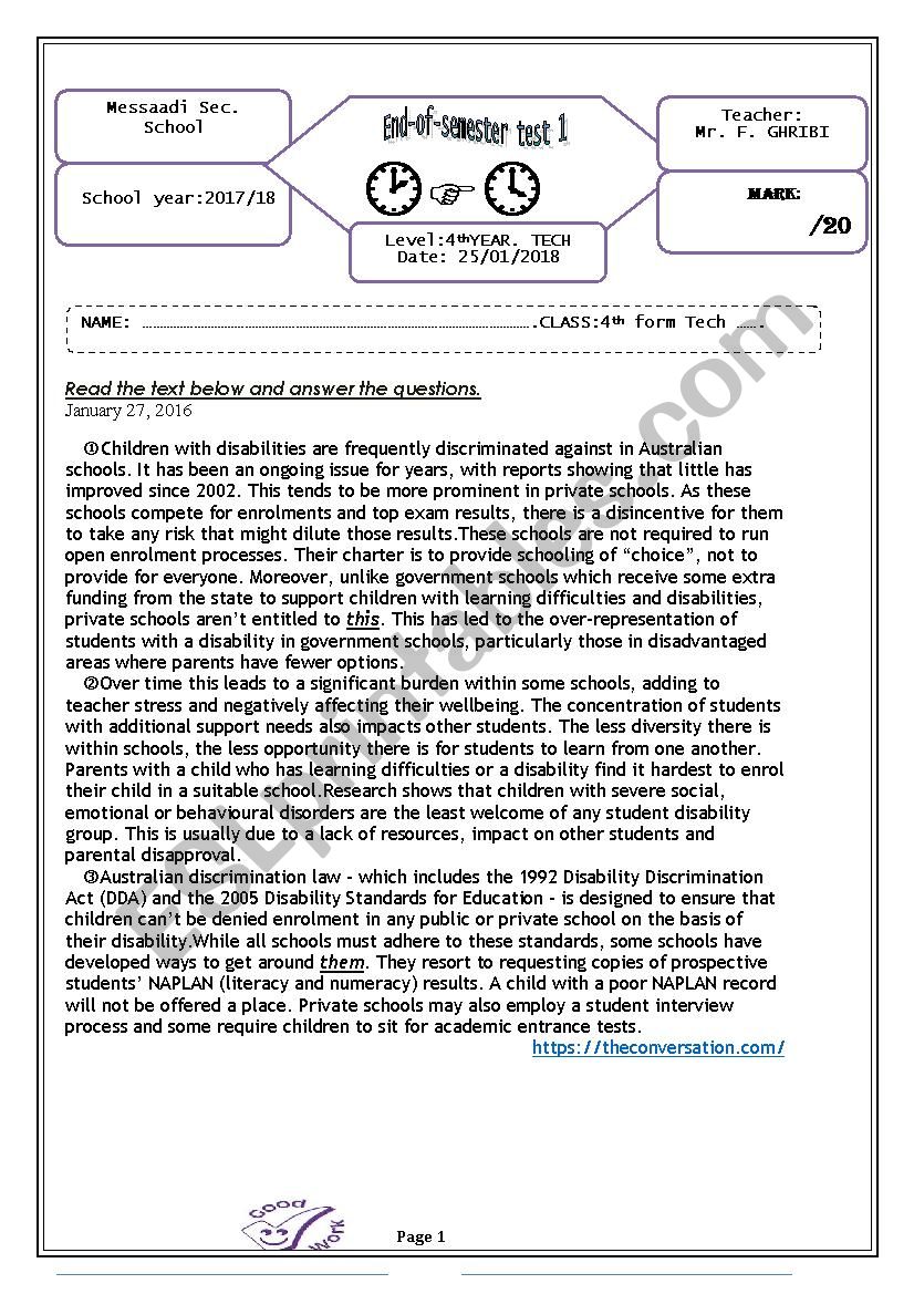 End-of-semester test 1 / 4th form TECH