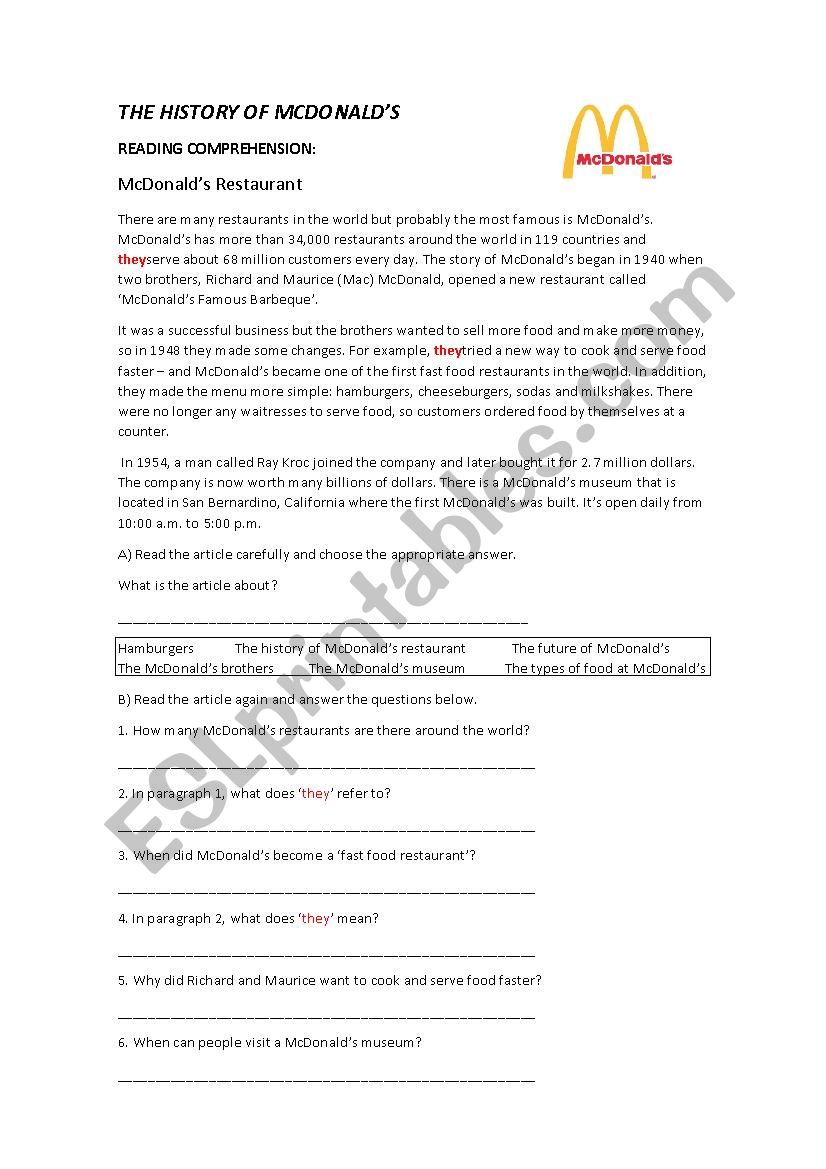 The History of McDonaldÂ´s worksheet