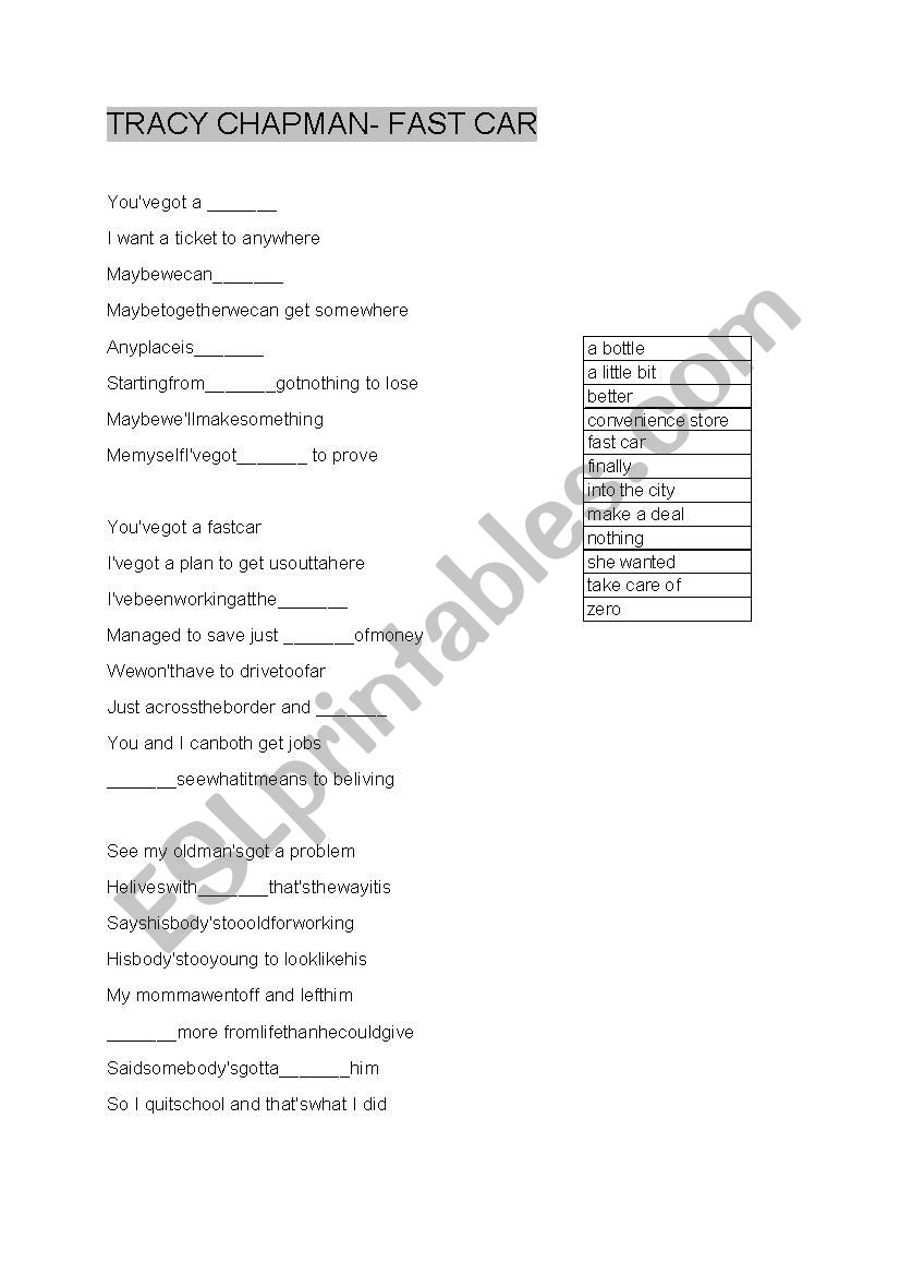 Tracy Chapman-song worksheet