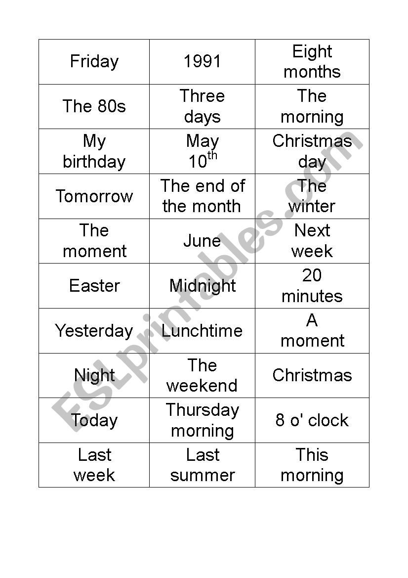 time prepositions - in, at, on, no preposition - matching exercise