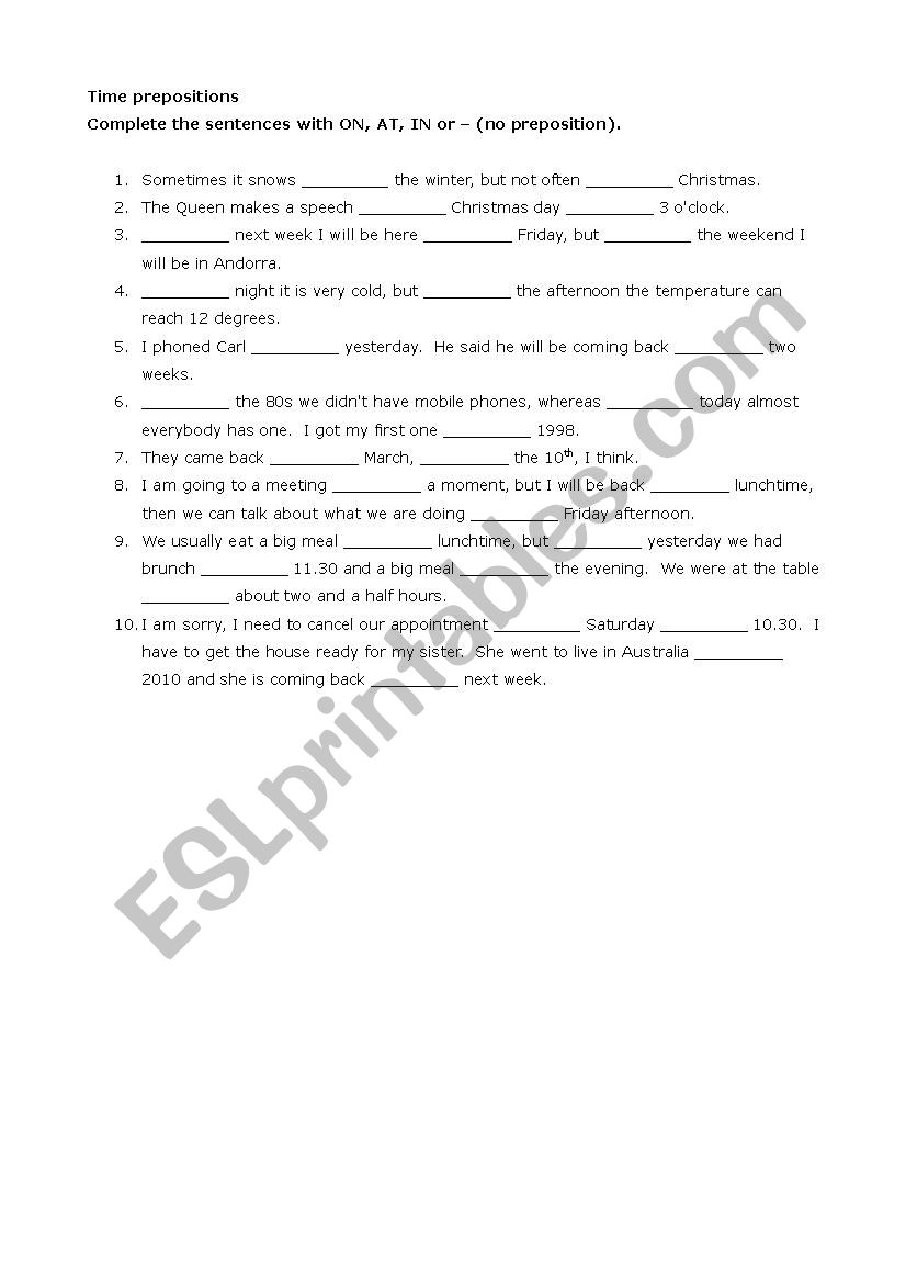 time prepositions - in, at, on, no preposition - worksheet