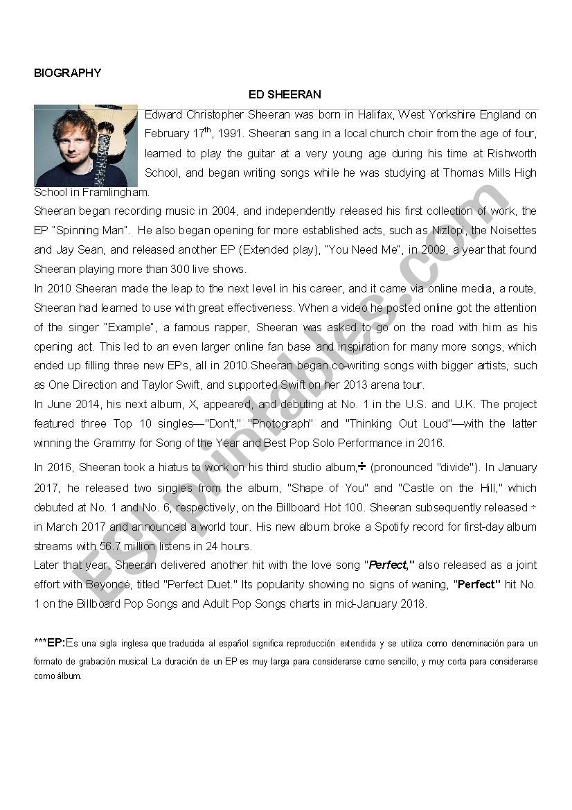 ED SHEERAN BIOGRAPHY worksheet