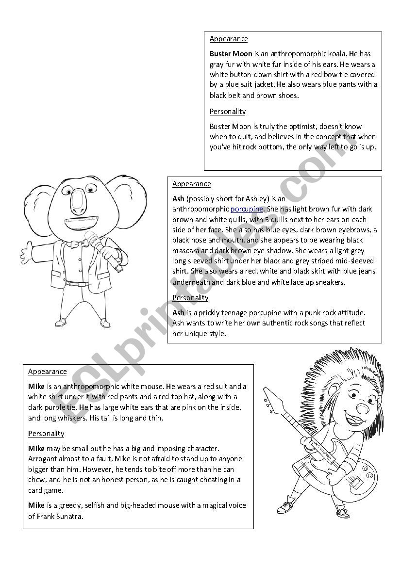 Sing Characters worksheet