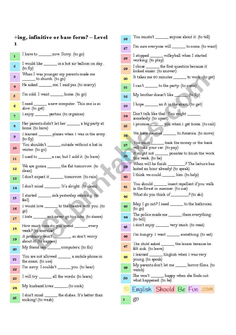 Gerunds and Infinitives - worksheet (A2/B1)