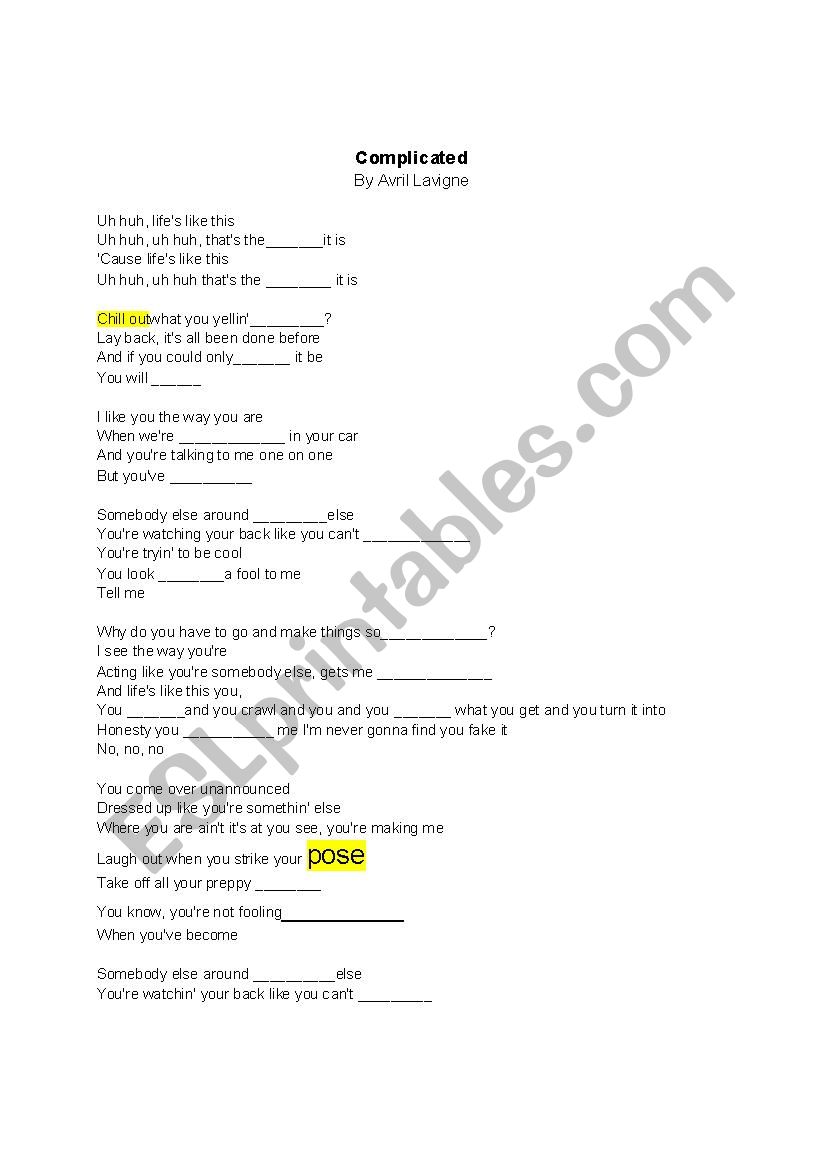 COMPLICATED (AVRIL LAVIGNE) worksheet