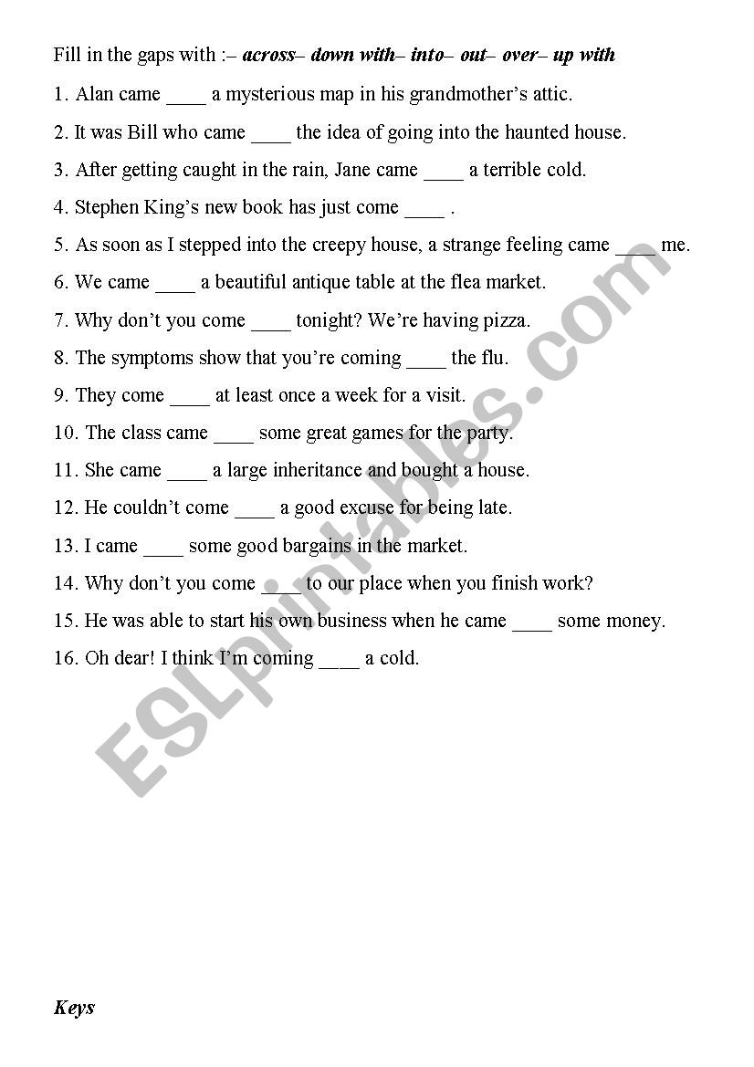 Phrasal verb COME worksheet