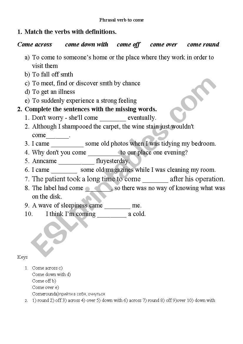 Phrasal verb COME worksheet