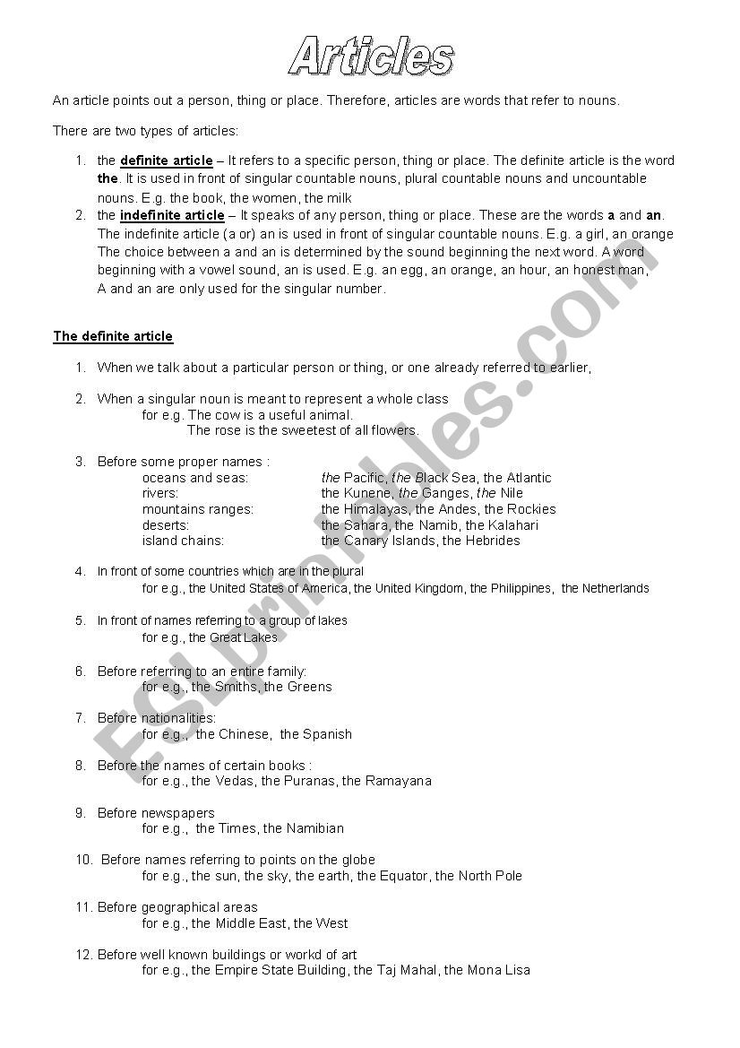Articles worksheet
