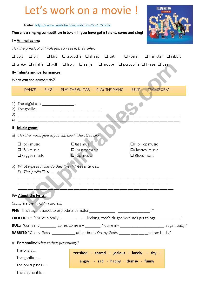 Sing movie_trailer worksheet