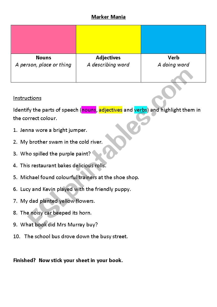 Identifying Parts of Speech worksheet