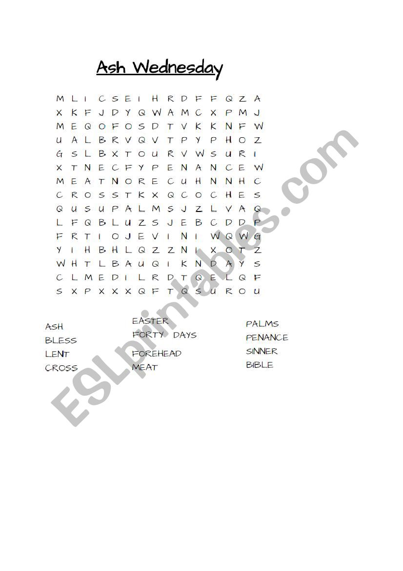 Ash Wednesday word search worksheet