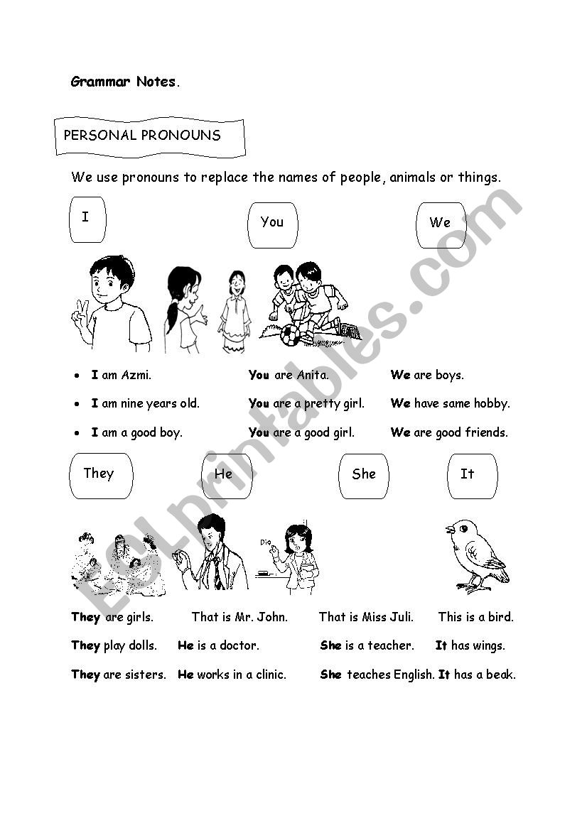 PERSONAL PRONOUNS Notes worksheet