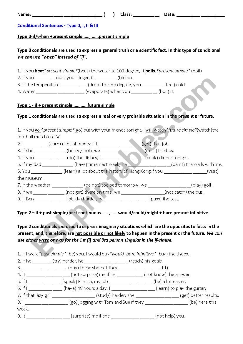 Conditional sentences (Types 0, 1, 2)