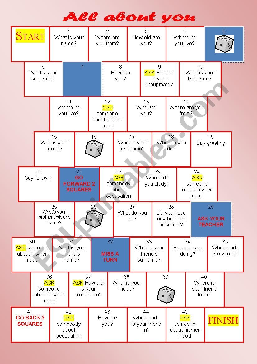 Greeting board game worksheet