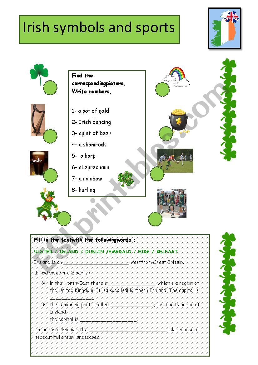 Irelands symbols and sports worksheet