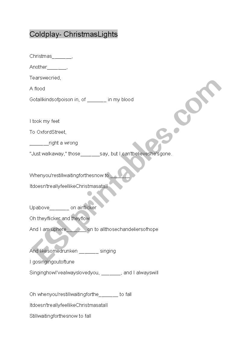 Coldplay- Christmas Lights worksheet