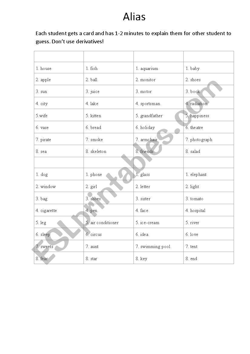 word cards worksheet