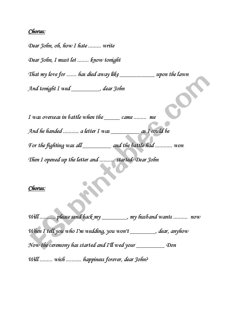 Dear John worksheet