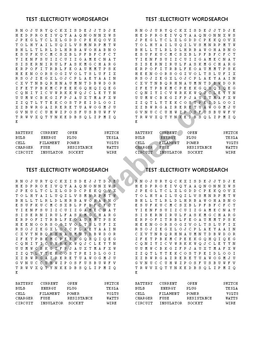 TEST ELECTRICITY WORDSEARCH worksheet