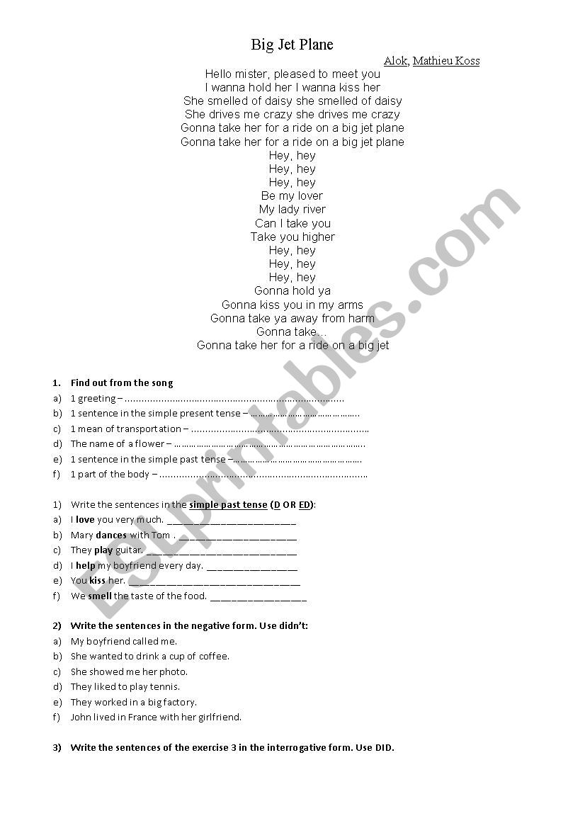 SONG - A BIG JET PLANE worksheet