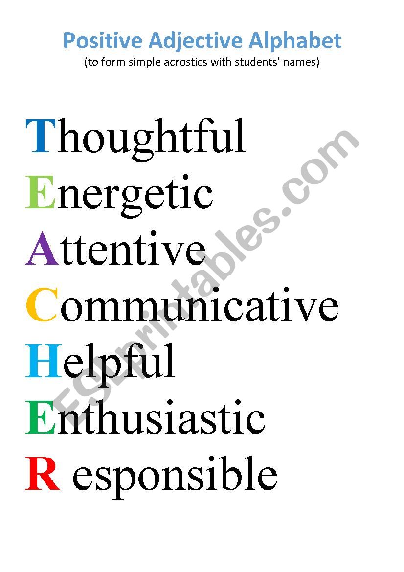 Positive Adjective Alphabet ESL Worksheet By Teavi