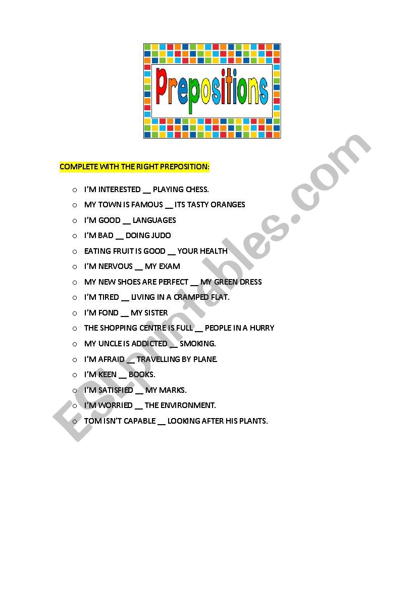  Adjectives with Prepositions worksheet
