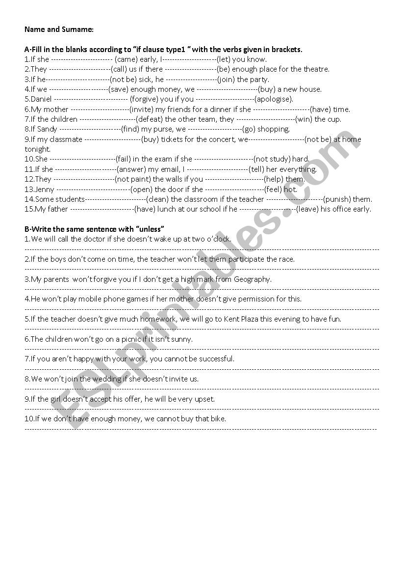 If Clause type 1 worksheet