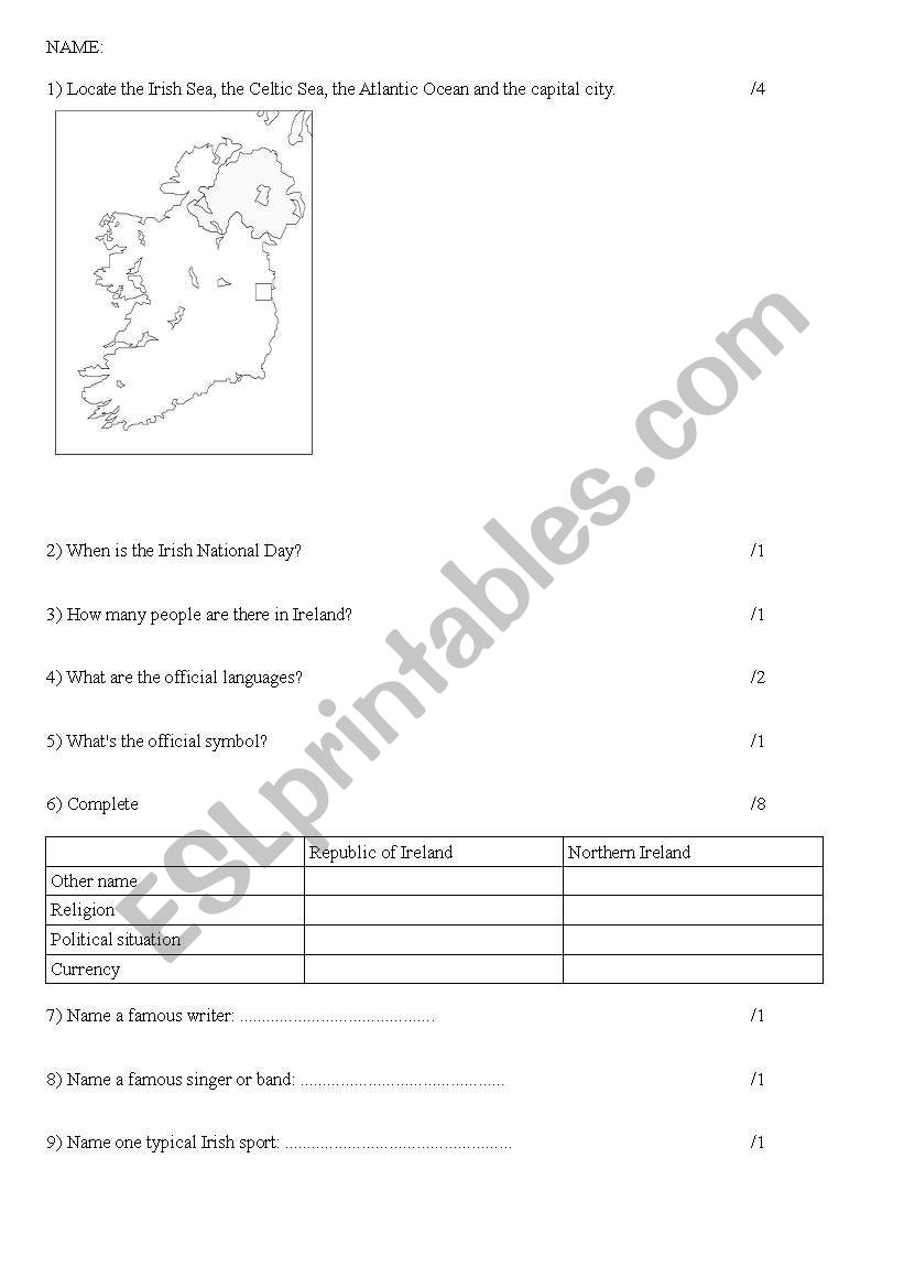 test about Ireland worksheet