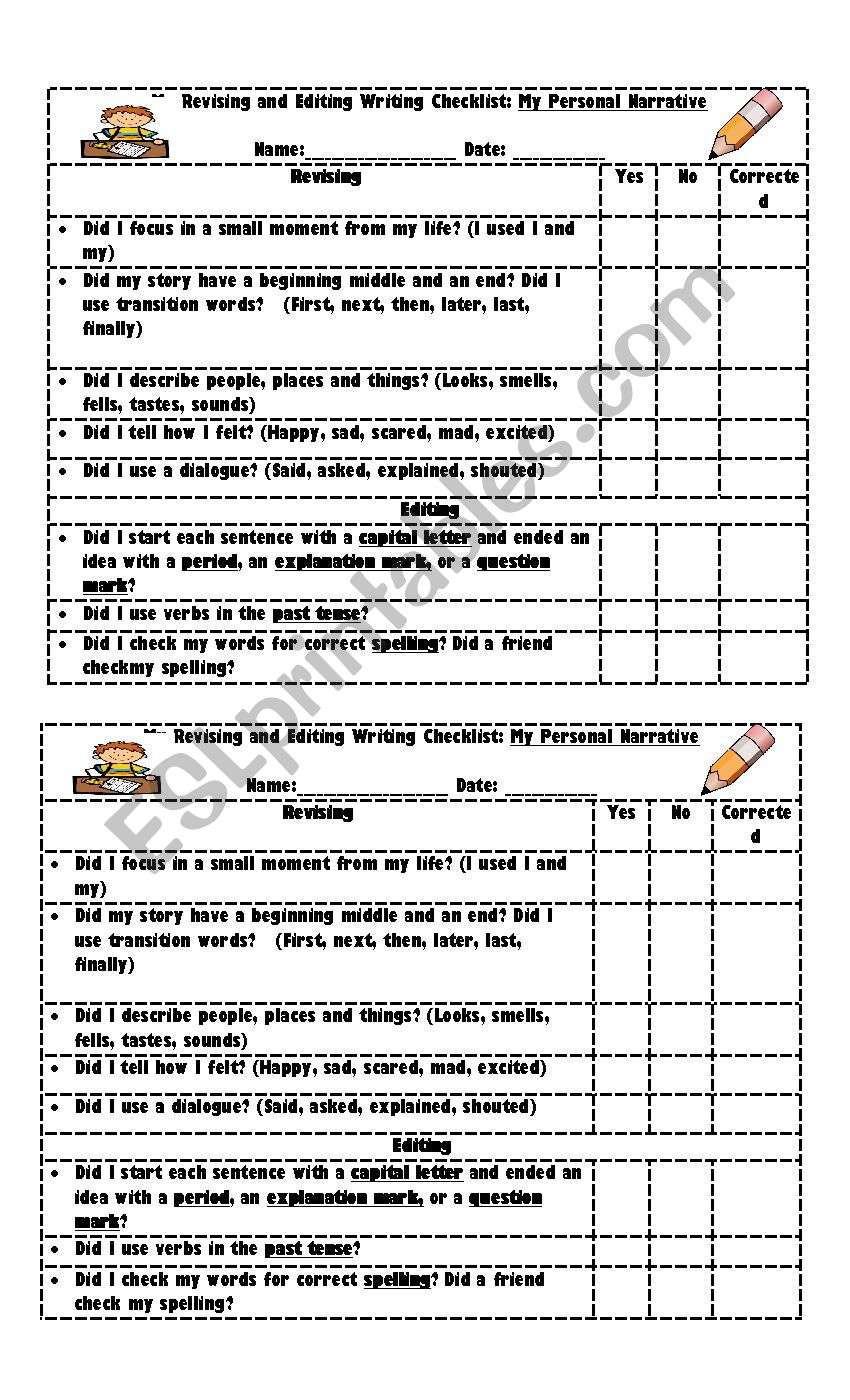 Personal Narrative Rubric worksheet