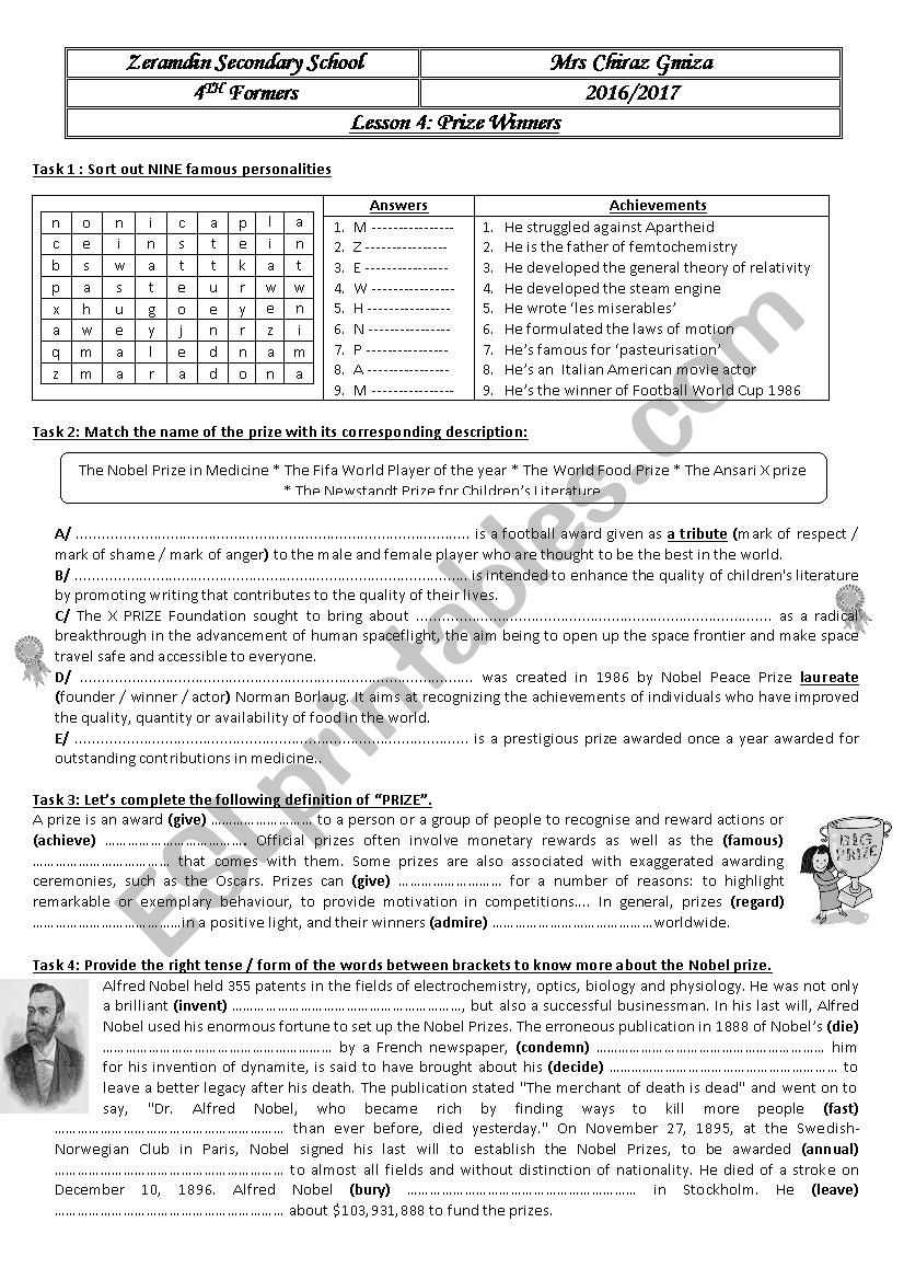 lesson 4 Prize Winners worksheet