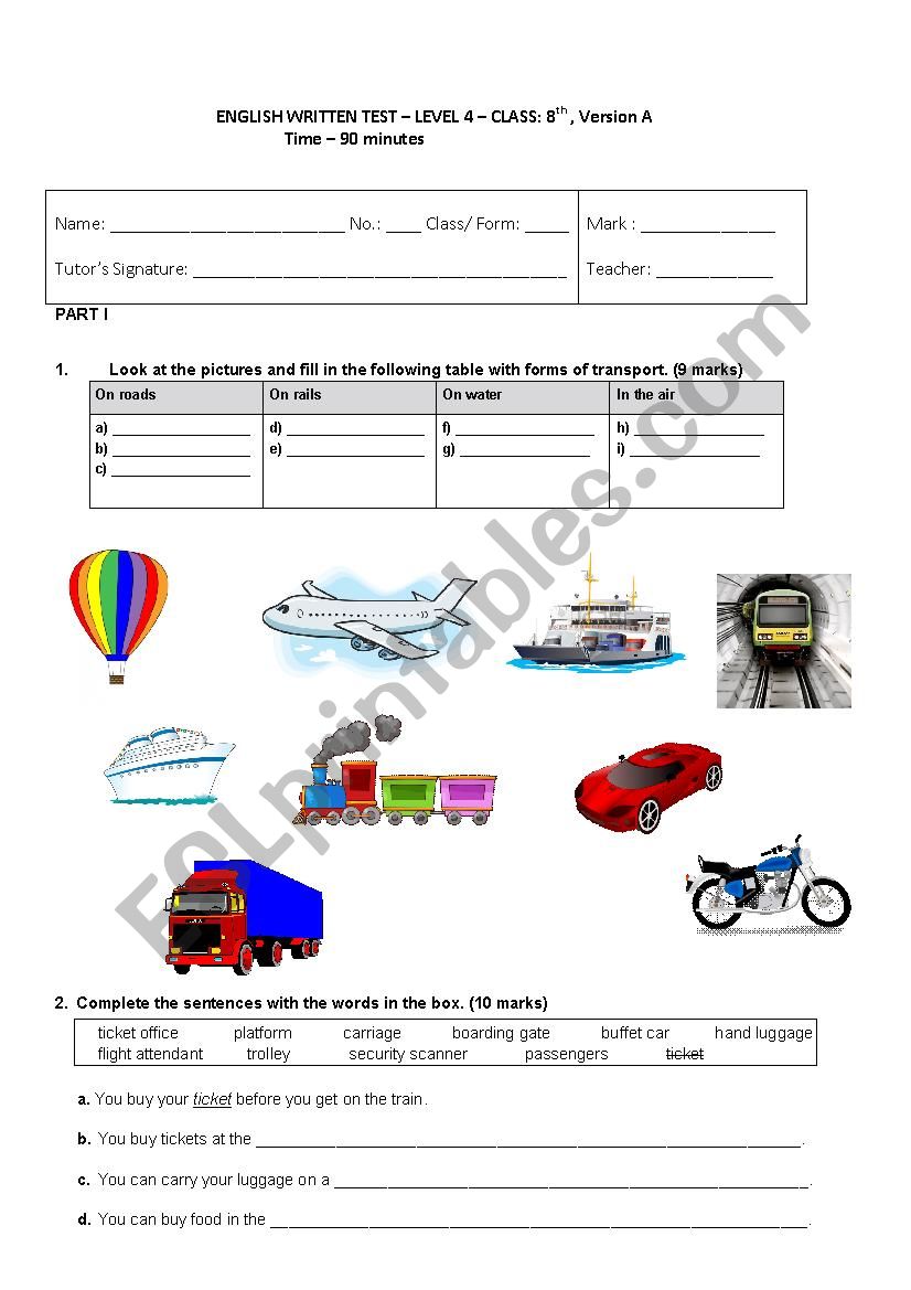 Test on means of transport worksheet