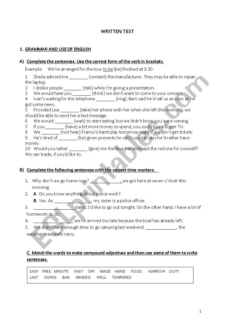 Test - Advanced level worksheet