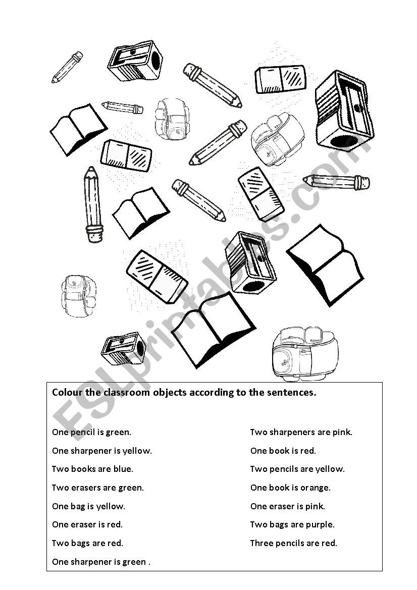 colours and classroom objects worksheet