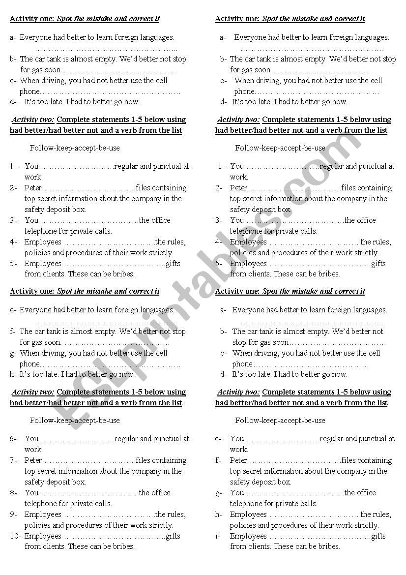 practice of had better worksheet