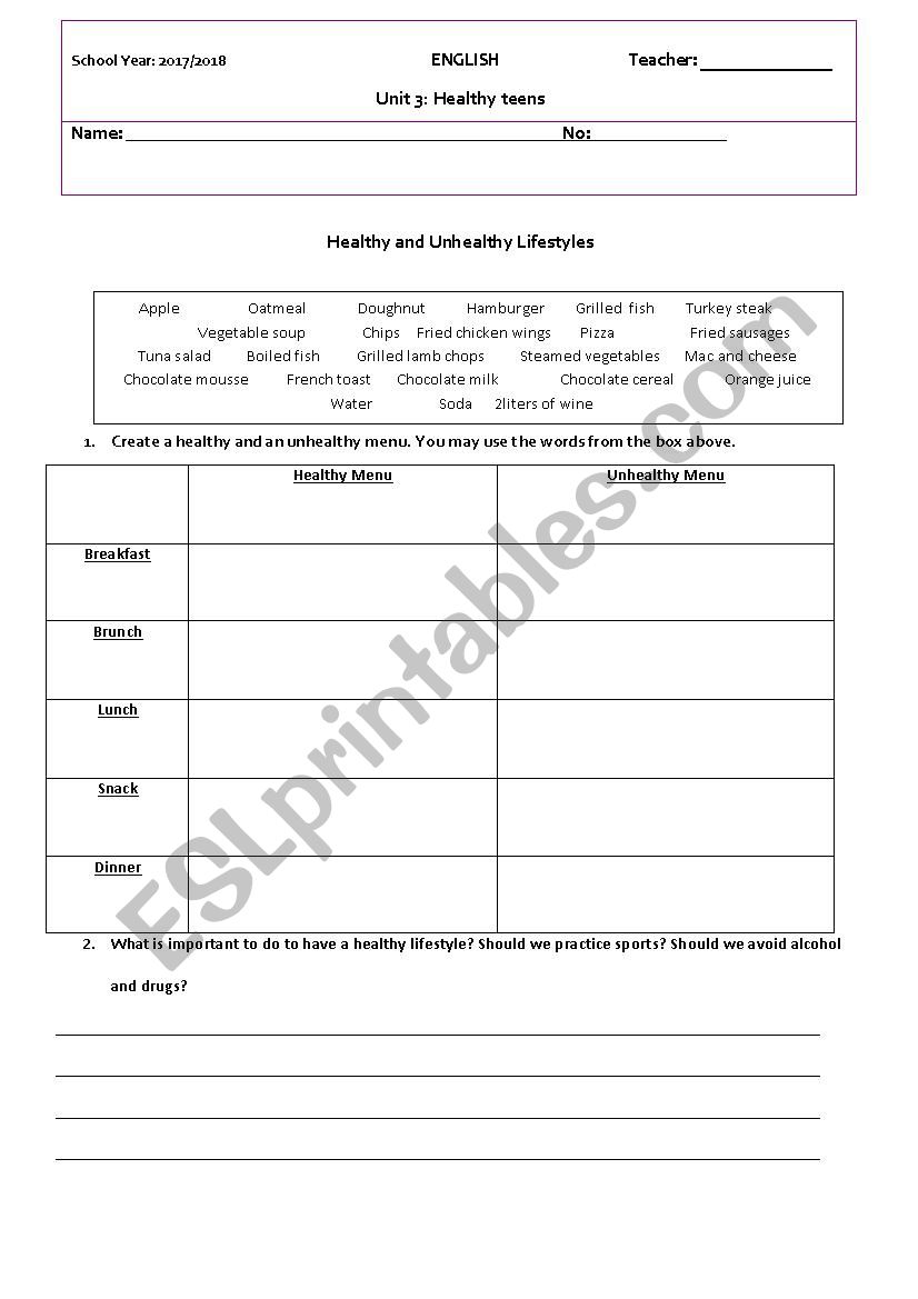 Healthy and unhealthy menus worksheet