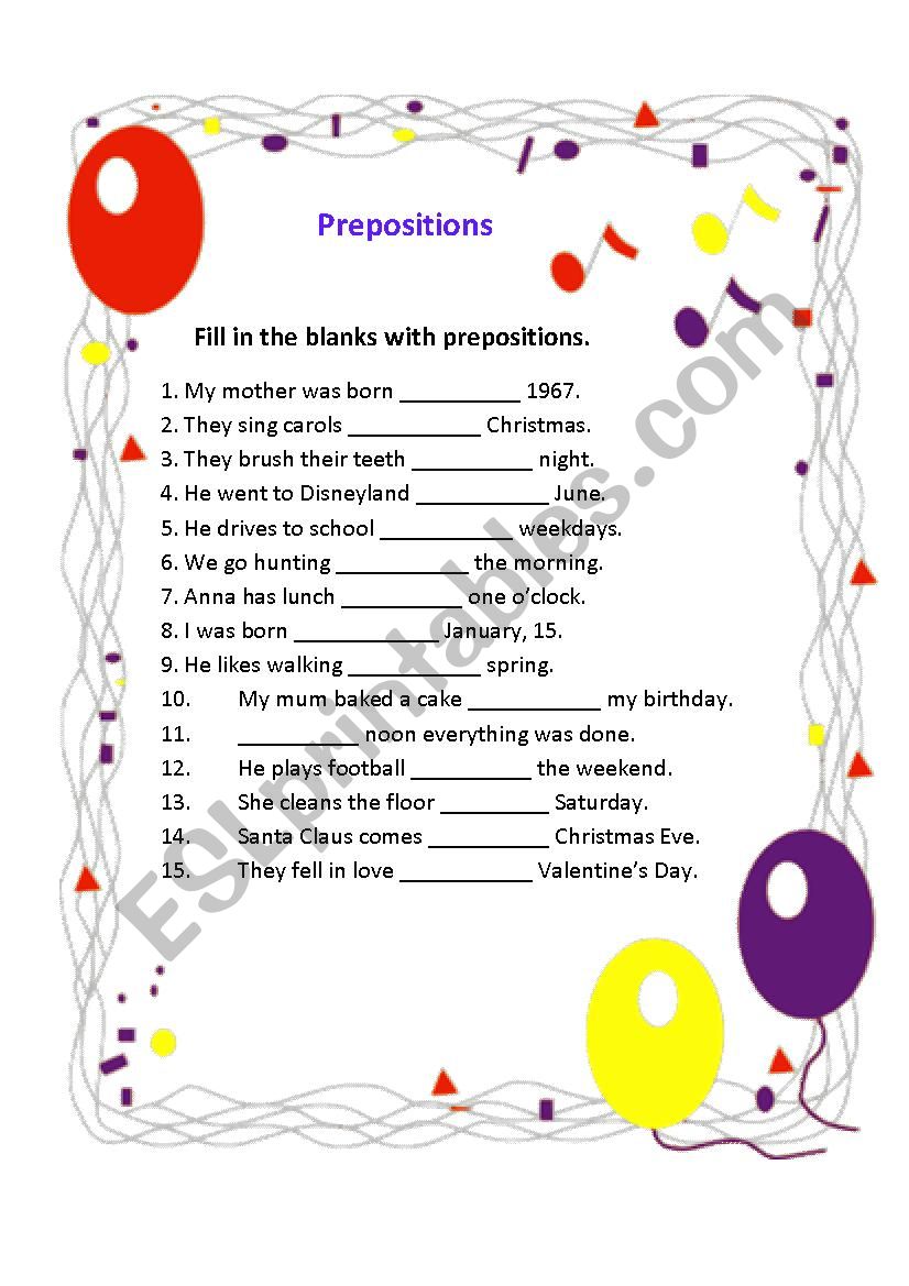 prepositions of place and time