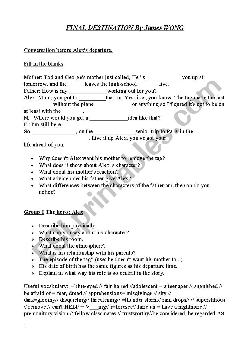 Final destination 1 worksheet