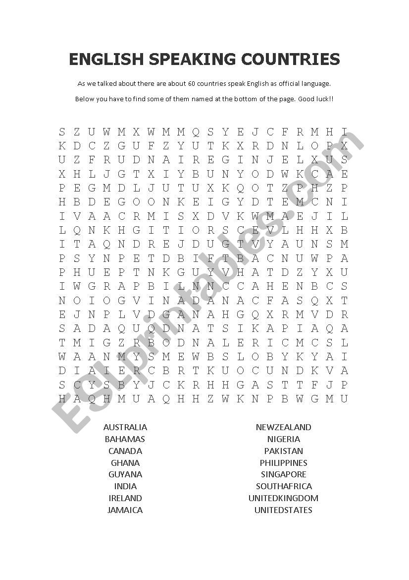 English Speaking Countries worksheet