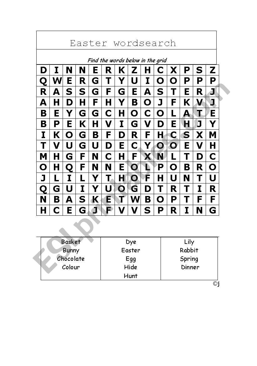 Easter wordsearch worksheet