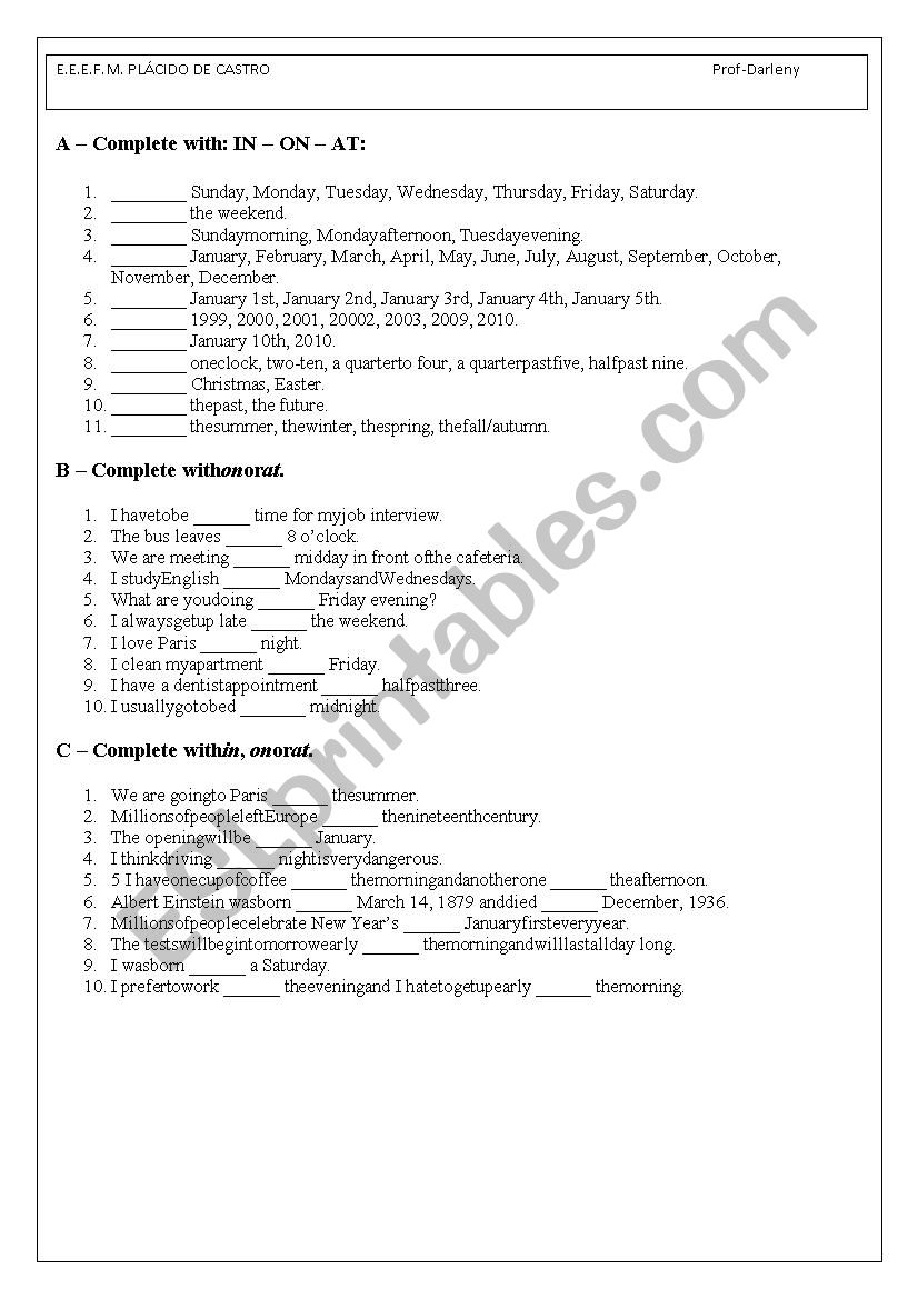 PREPOSITION OF TIME worksheet