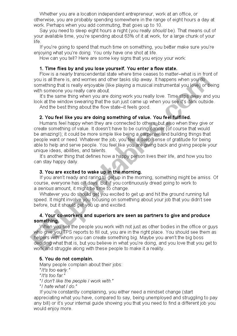 10 signs you enjoy your work  worksheet