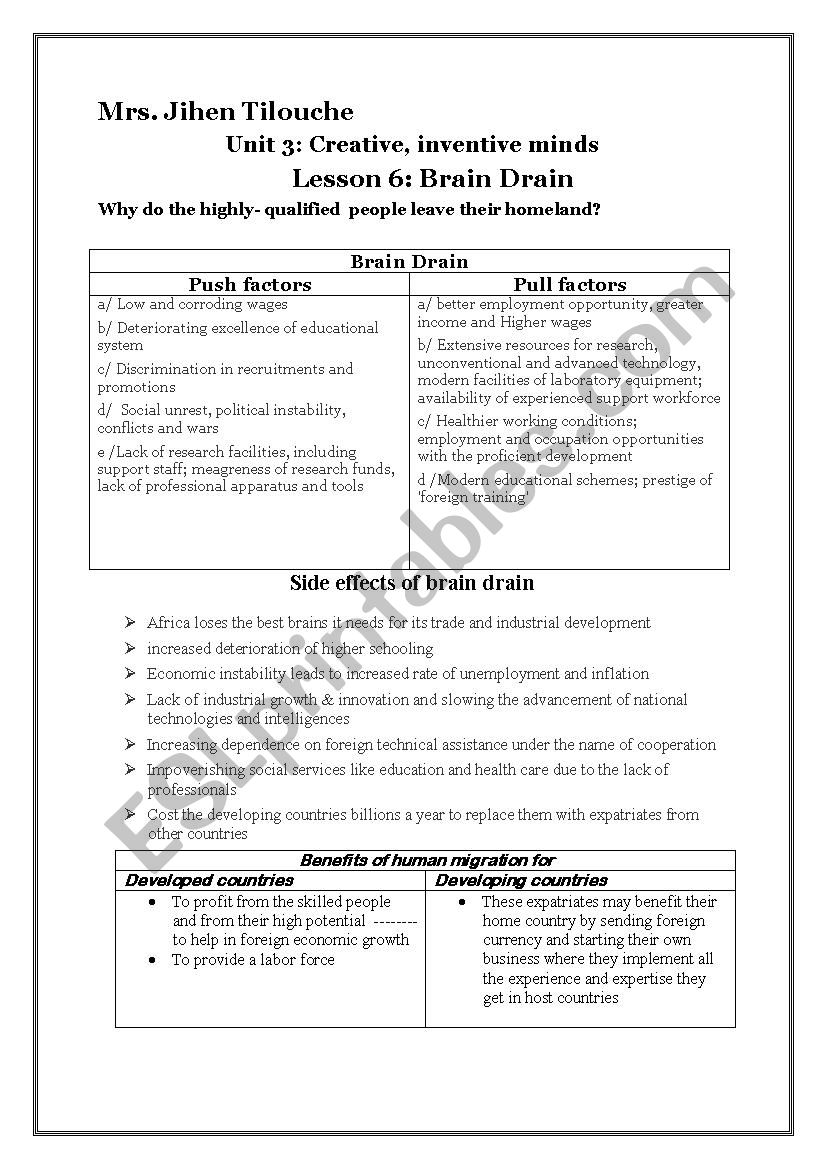 unit 3 /lesson 6: Brain Drain worksheet